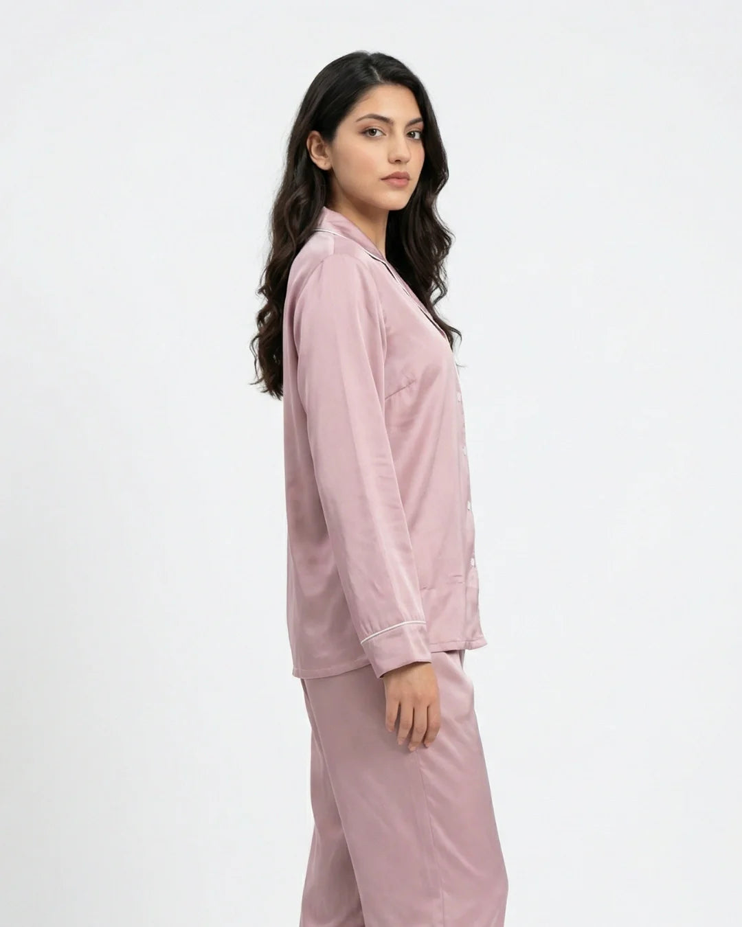 Satin Silk Pajama Suit - Noir - Pink
