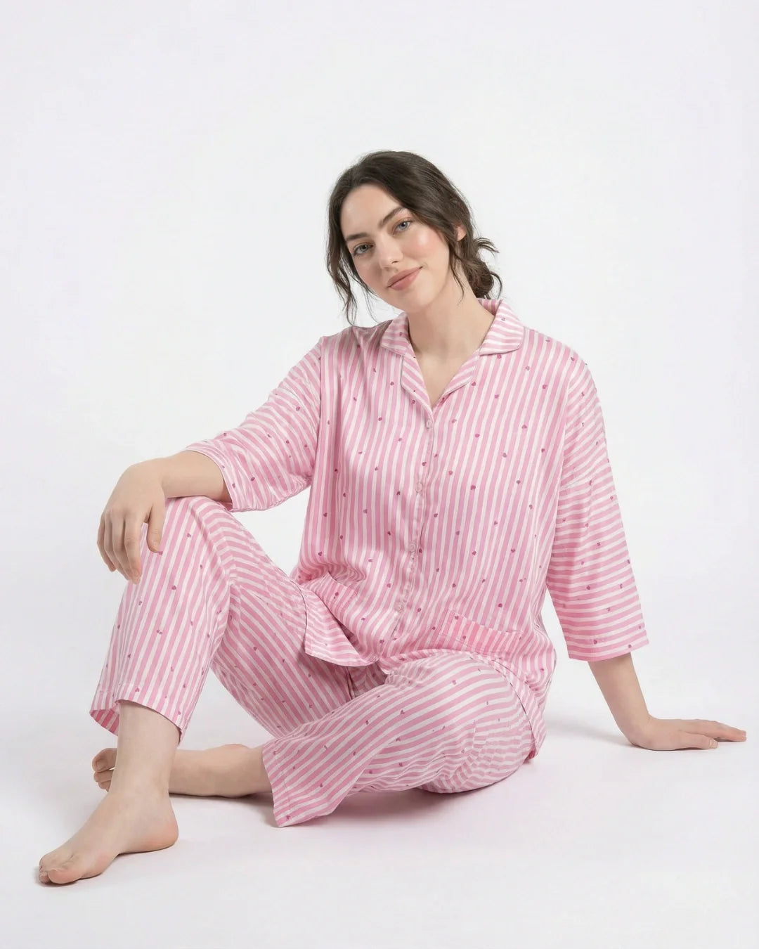 Drop Shoulder Silk Pajama Suit - Dreamy Hearts