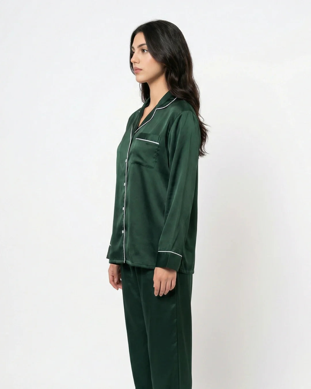 Satin Silk Pajama Suit - Noir - Dark Green