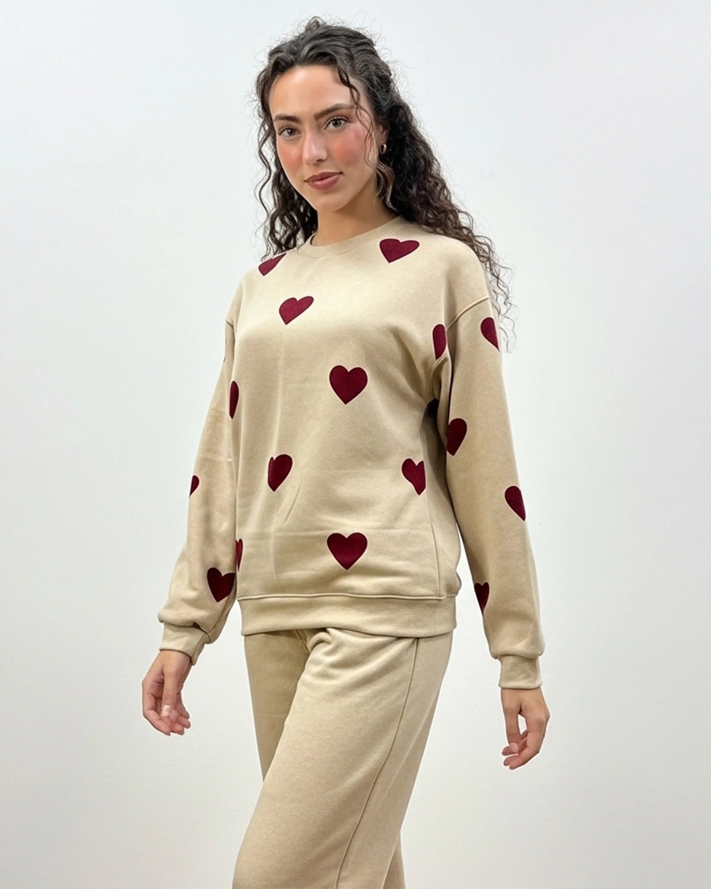 Fleece Pajama Set -Heart Cozy - Beige