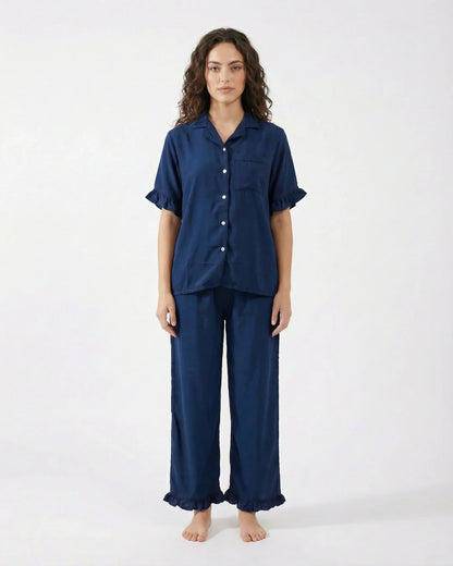 Half Sleeves PJ Set - Linen Comfort - Dark Blue