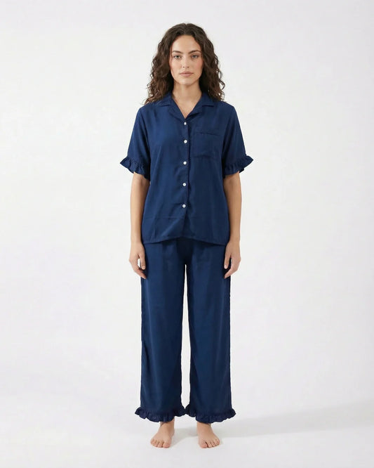 Half Sleeves PJ Set - Linen Comfort - Dark Blue