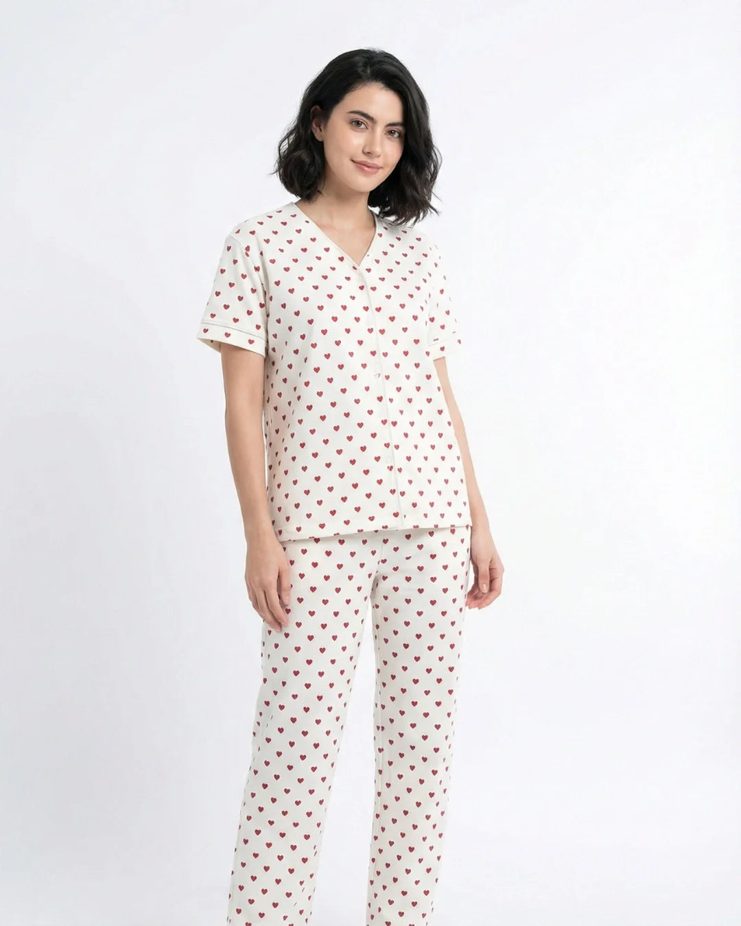 Cotton PJ Set - Heart Bliss - White