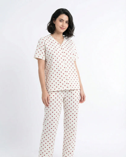 Cotton PJ Set - Heart Bliss - White