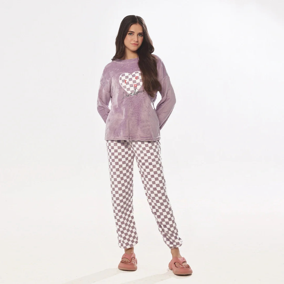 Pink Checks Fleece Pajama Suit