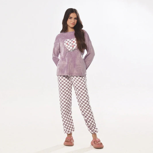 Pink Checks Fleece Pajama Suit