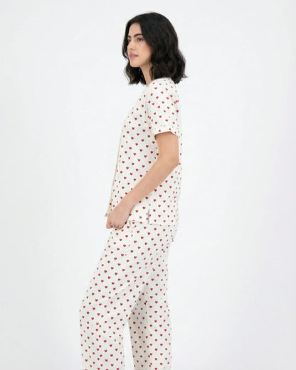 Cotton PJ Set - Heart Bliss - White
