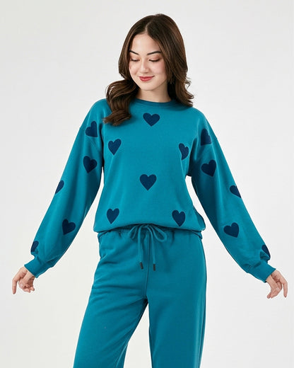 Fleece Pajama Set -Heart Cozy - Sea Green