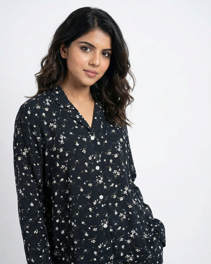 Linen Pajama Suit - Black Floral