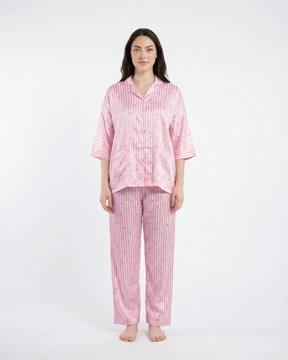 Drop Shoulder Silk Pajama Suit - Dreamy Hearts