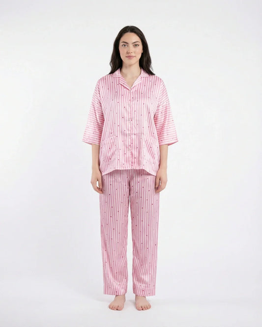 Drop Shoulder Silk Pajama Suit - Dreamy Hearts