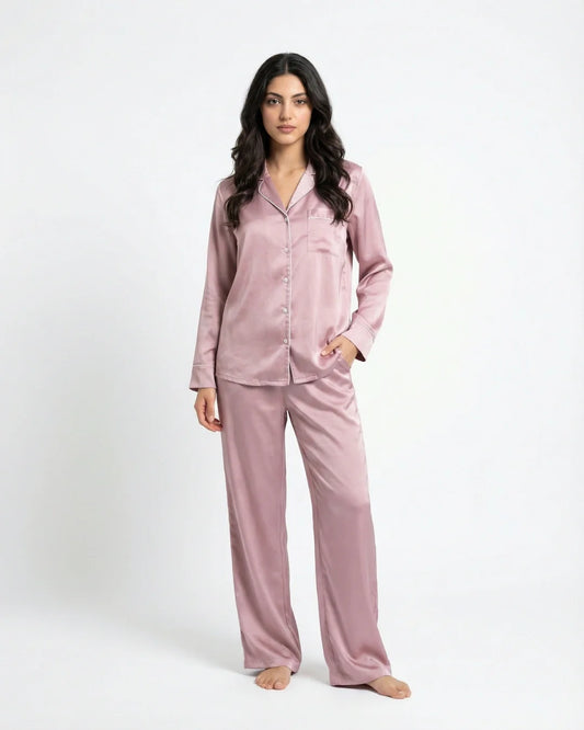 Satin Silk Pajama Suit - Noir - Pink
