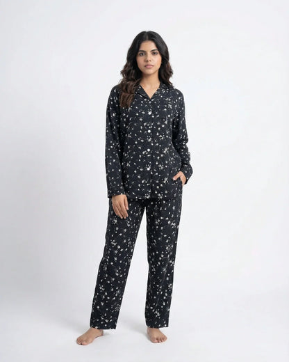 Linen Pajama Suit - Black Floral