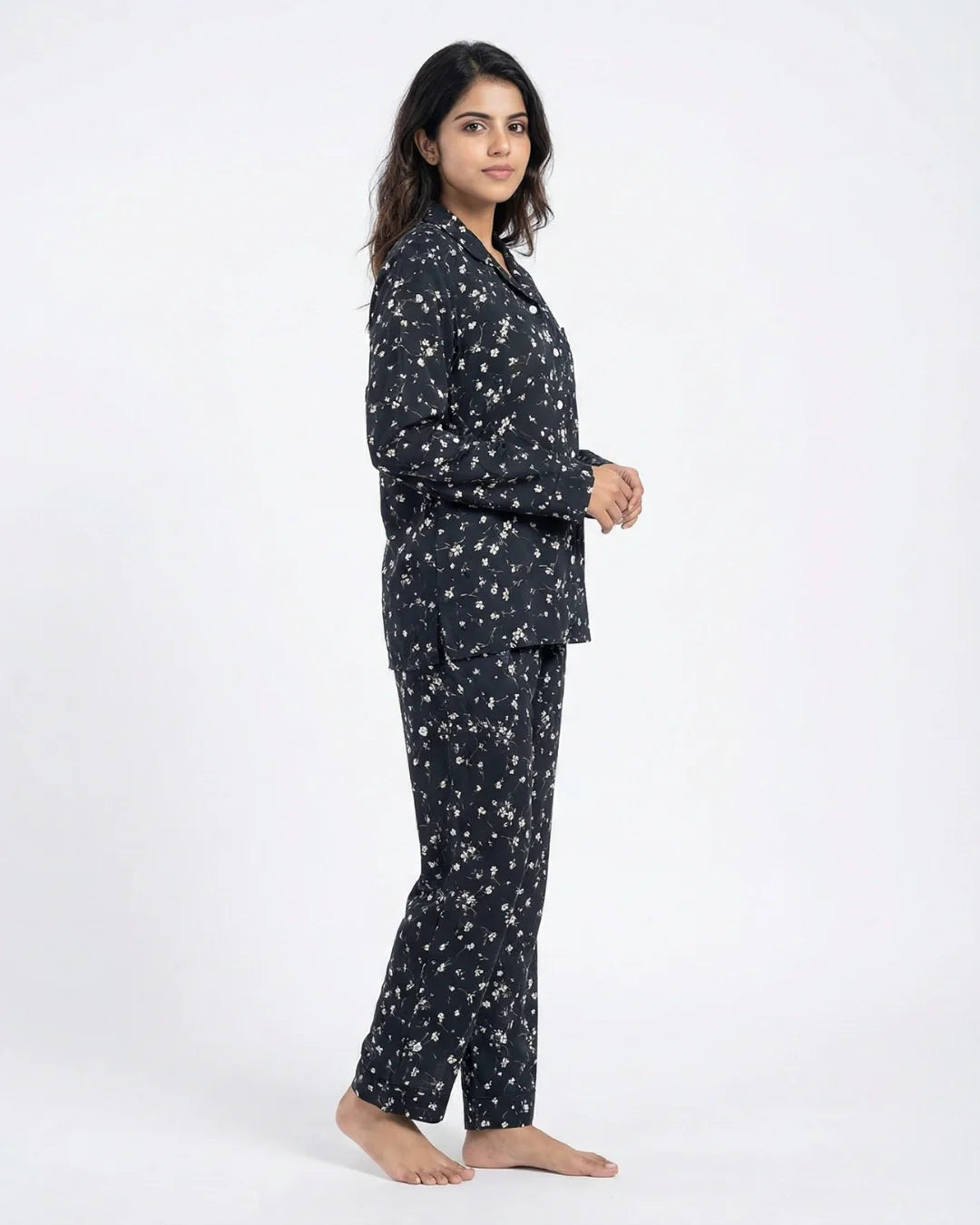 Linen Pajama Suit - Black Floral