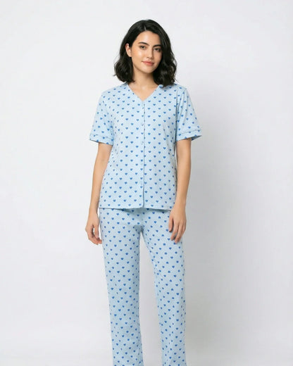 Cotton PJ Set - Heart Bliss - Blue
