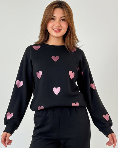 Fleece Pajama Set -Heart Cozy - Black