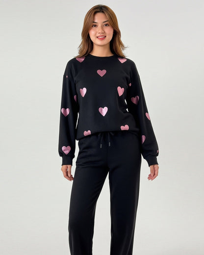 Fleece Pajama Set -Heart Cozy - Black