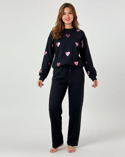 Fleece Pajama Set -Heart Cozy - Black