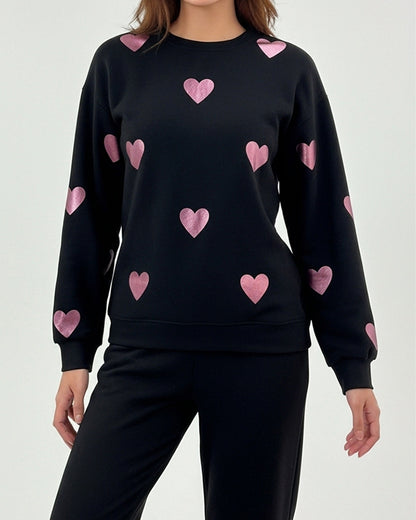 Fleece Pajama Set -Heart Cozy - Black