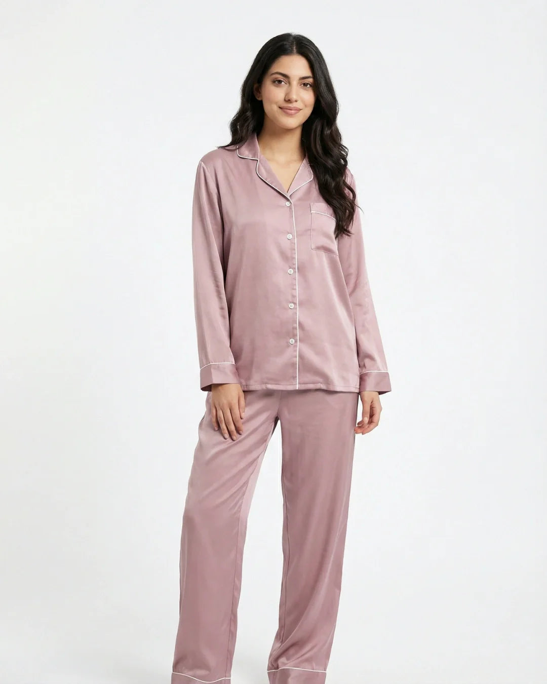 Satin Silk Pajama Suit - Noir - Pink