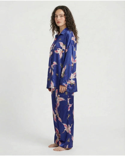 Oversized Silk Pajama Suit - Flamingo - Blue