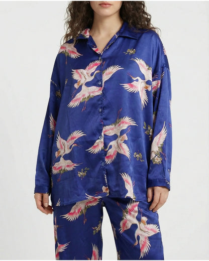 Oversized Silk Pajama Suit - Flamingo - Blue