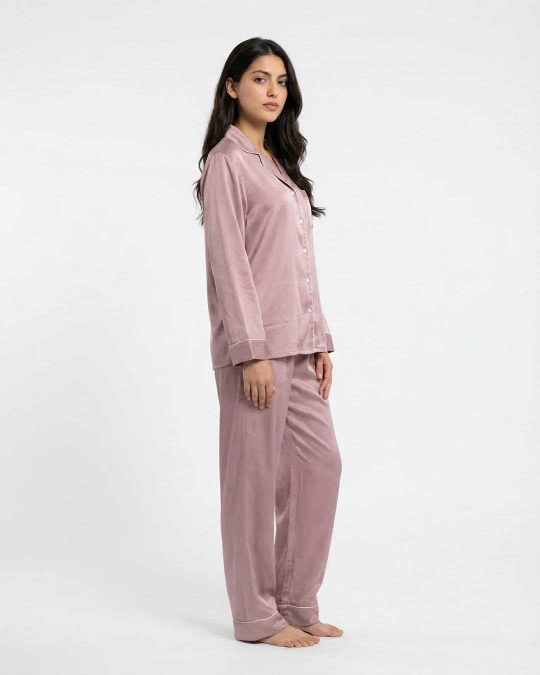 Satin Silk Pajama Suit - Noir - Pink