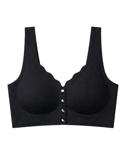 Seamless Front-Button Bra - Roselle Ribbed - Black