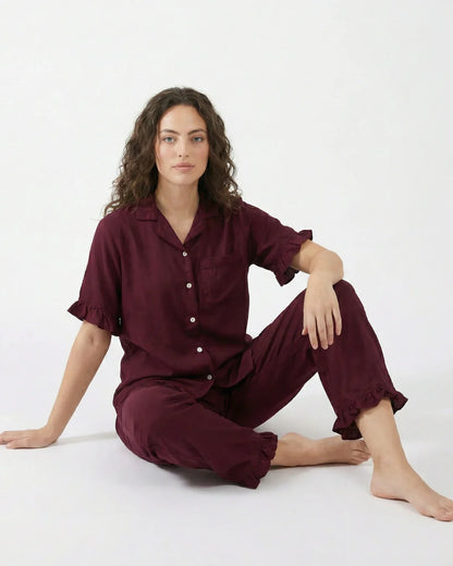 Half Sleeves PJ Set - Linen Comfort - Maroon