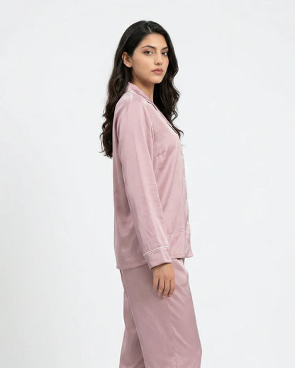 Satin Silk Pajama Suit - Noir - Pink