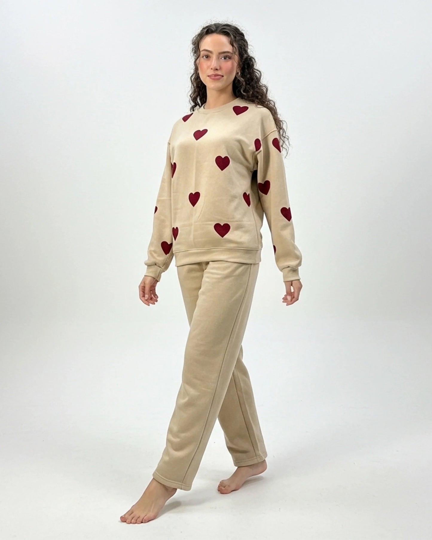 Fleece Pajama Set -Heart Cozy - Beige