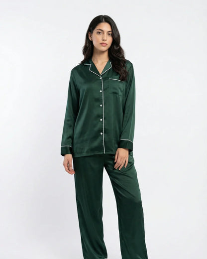 Satin Silk Pajama Suit - Noir - Dark Green
