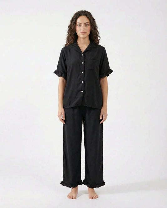 Half Sleeves PJ Set - Linen Comfort - Black