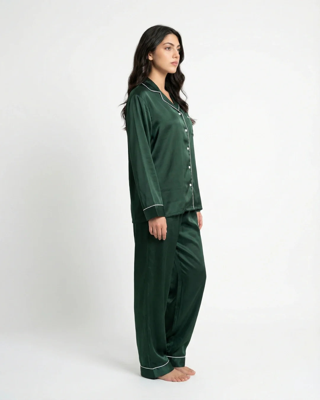 Satin Silk Pajama Suit - Noir - Dark Green