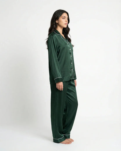 Satin Silk Pajama Suit - Noir - Dark Green