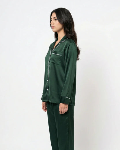 Satin Silk Pajama Suit - Noir - Dark Green
