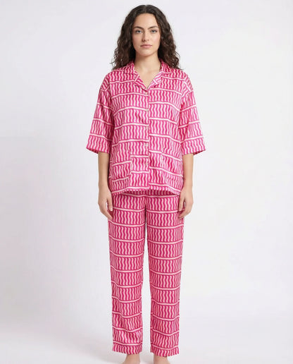 Drop Shoulder Silk Pajama Suit - Pink Wave