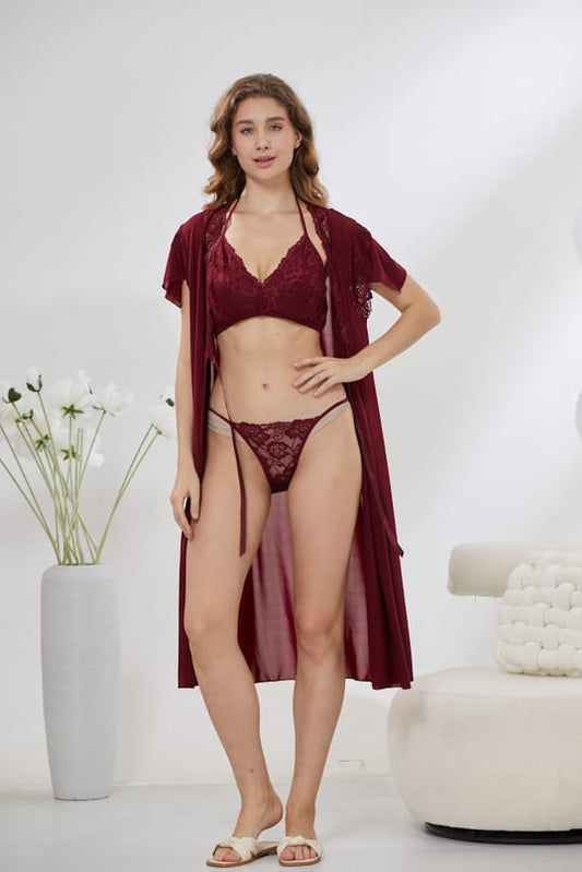 6-Piece Pure Silk Nightwear Set - Marvella Maroon