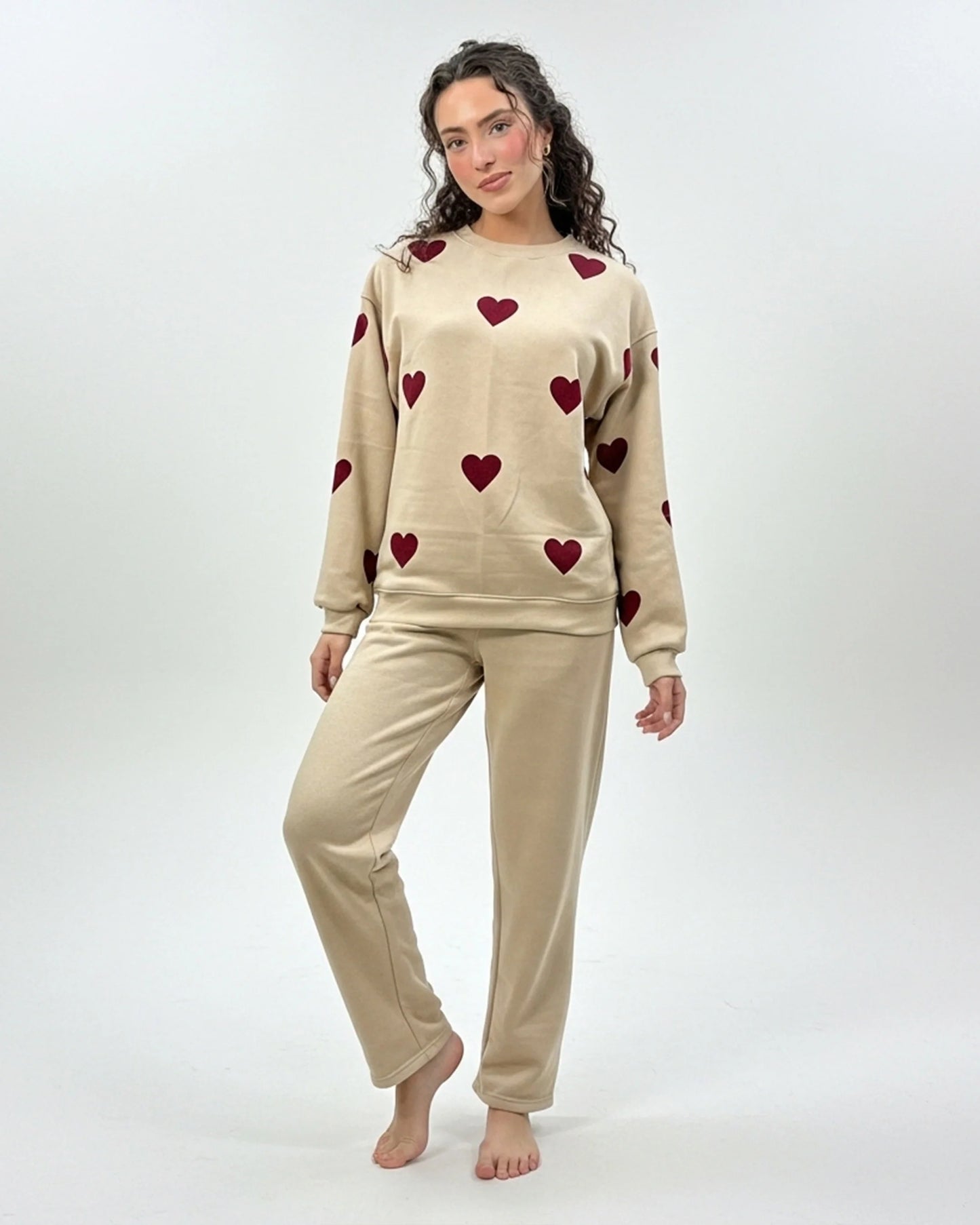 Fleece Pajama Set -Heart Cozy - Beige
