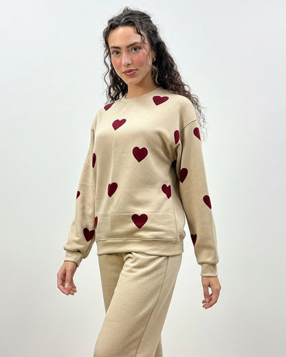 Fleece Pajama Set -Heart Cozy - Beige